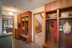 Mud room with quarter-sawn oak lockers and drop zone